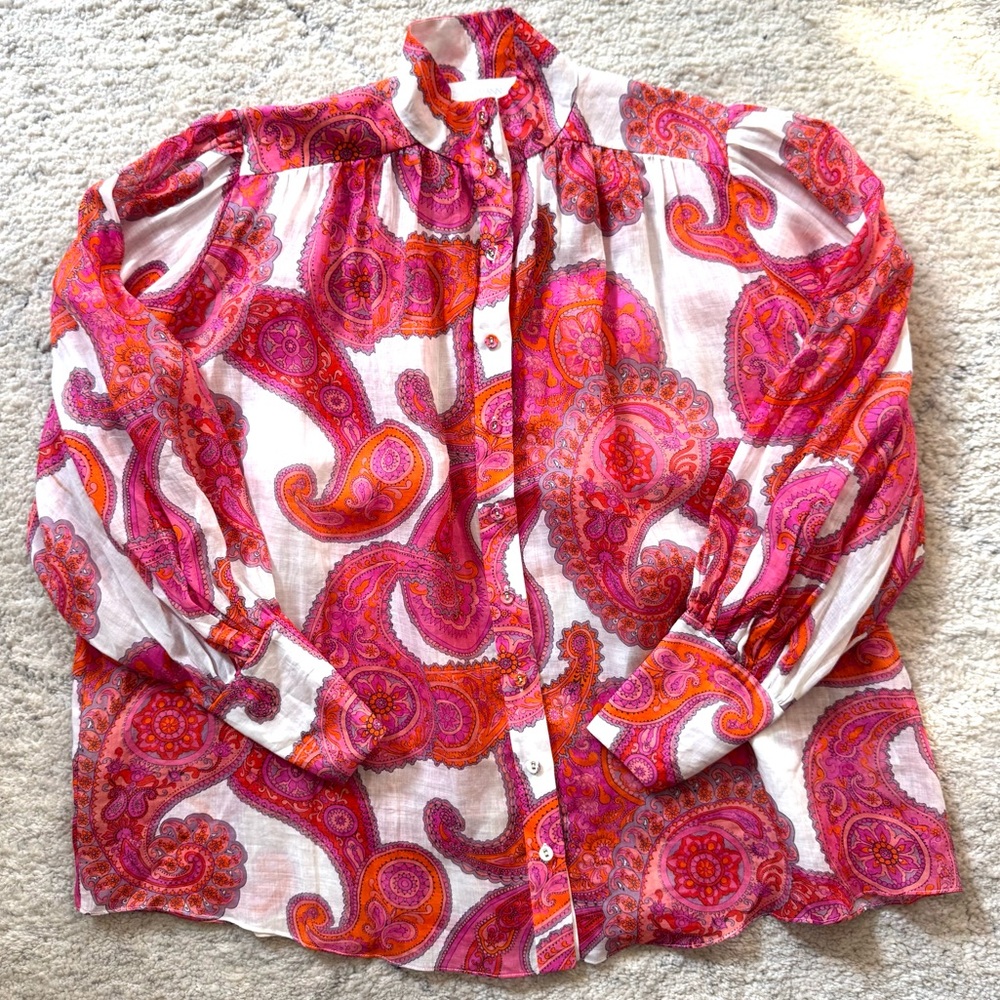 NWT! Zimmermann Peggy Orange/Pink Paisley Linen Button Down Long Sleeve Blouse - Picture 5 of 11
